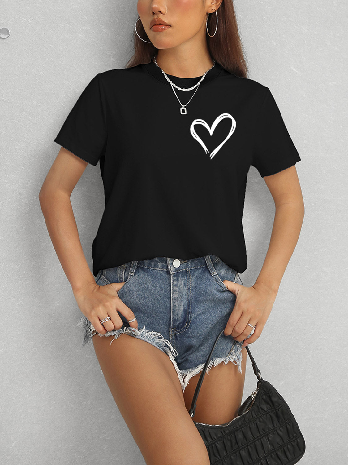 Heart Round Neck Short Sleeve T-Shirt