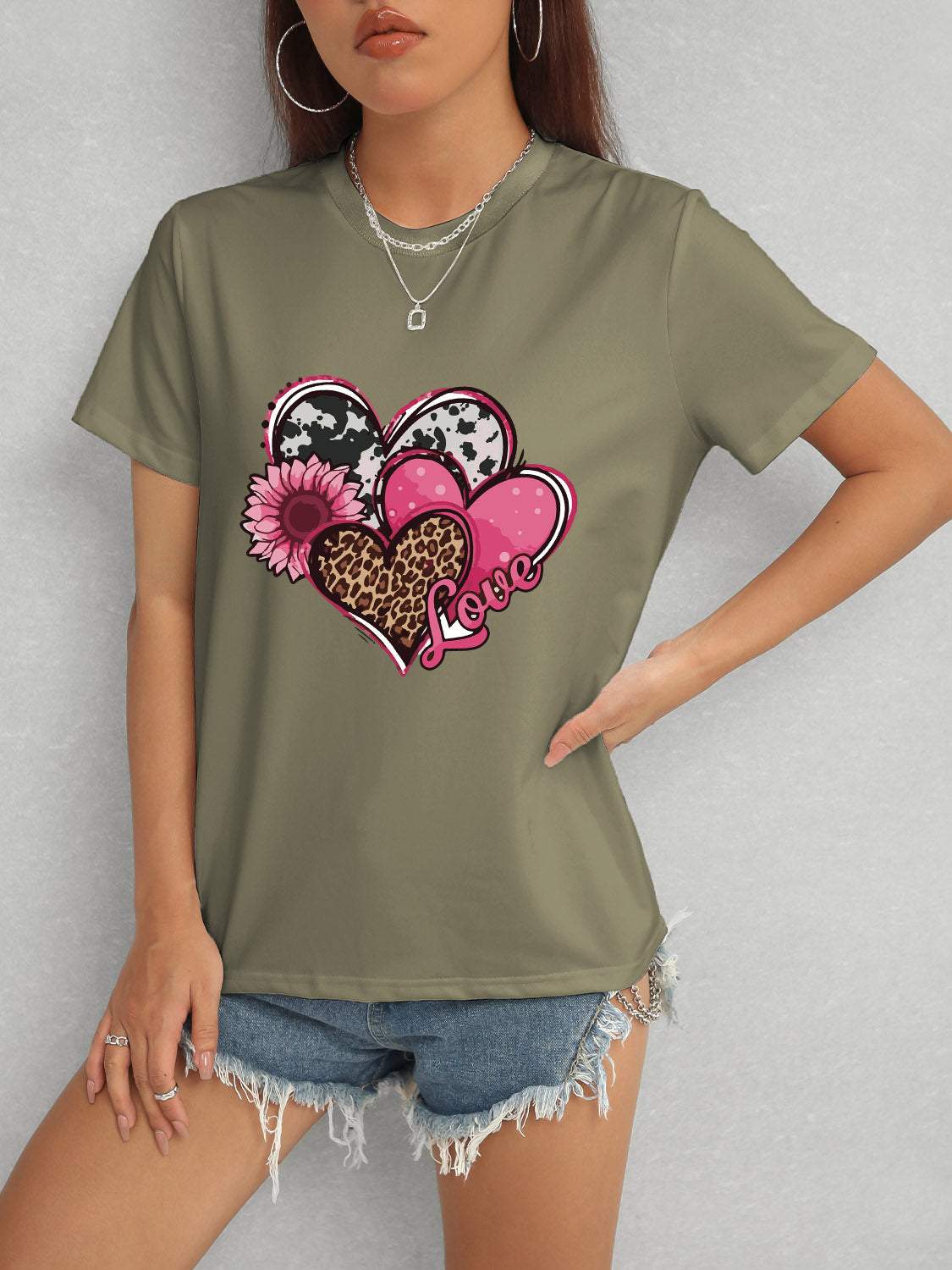 Heart Round Neck Short Sleeve T-Shirt