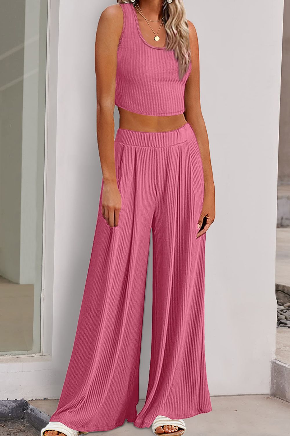 Scoop Neck Top and Wide Leg Pants Set