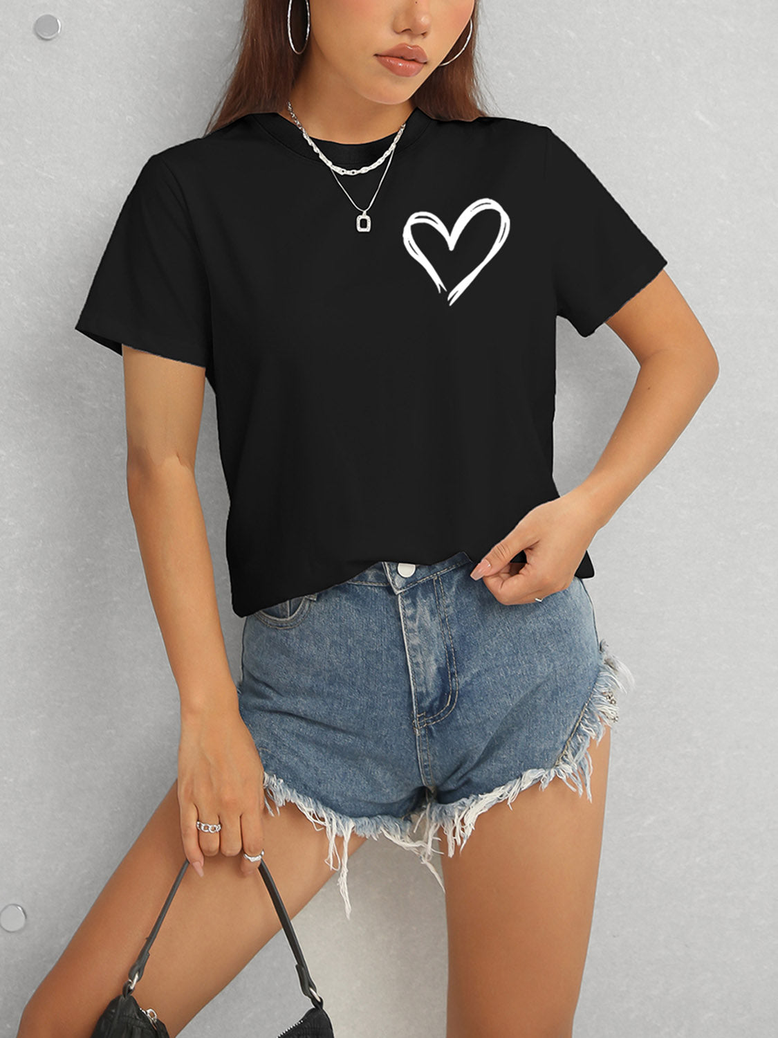 Heart Round Neck Short Sleeve T-Shirt