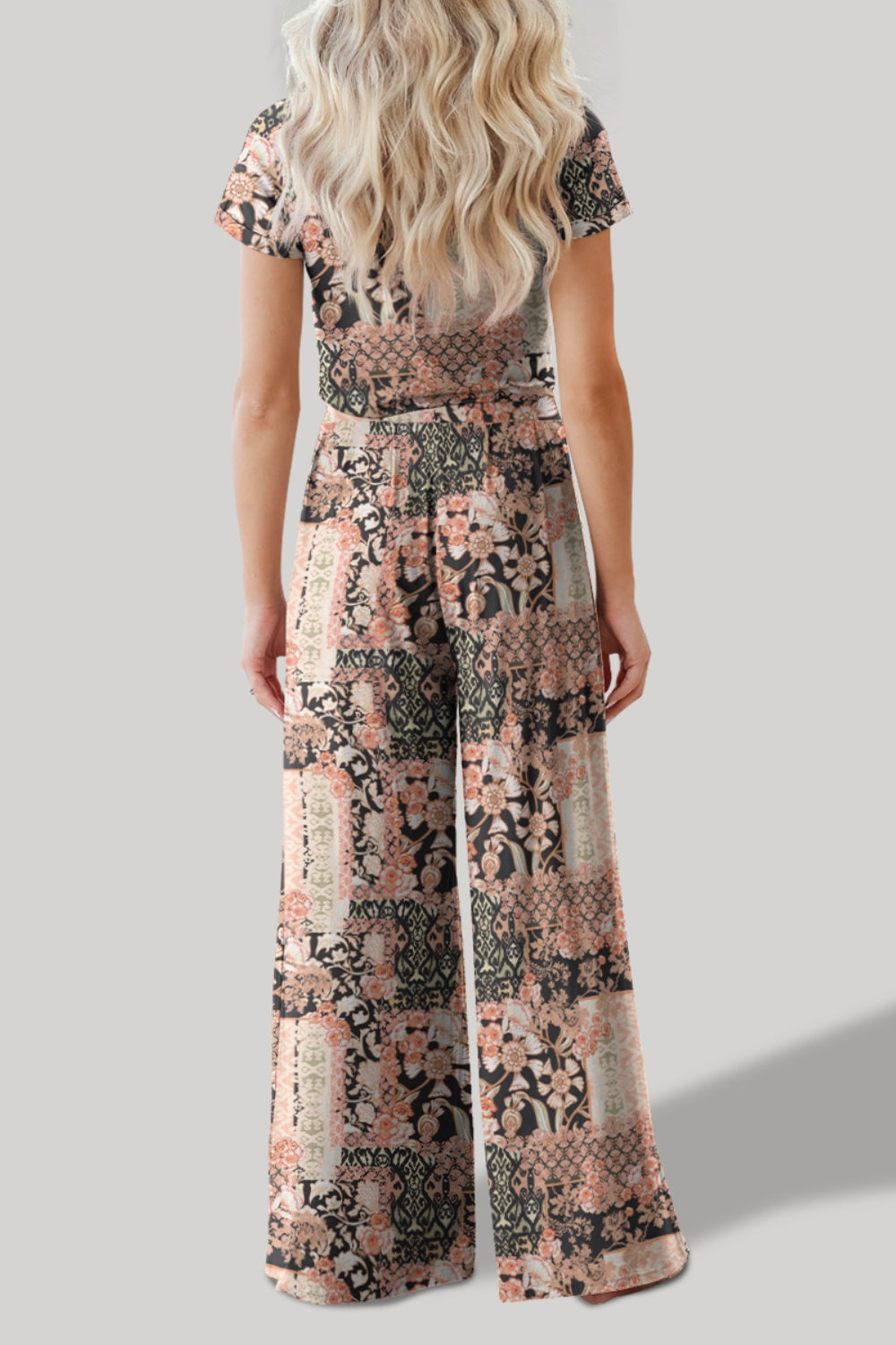 Printed Round Neck Short Sleeve Top and Pants Set